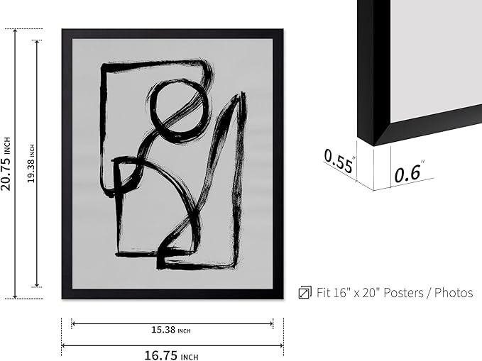 Monem Art Black and White Abstract Line Art Print - Minimalist Monochrome Brushstroke Art Poster - Wall Decor for Living Room, Bedroom or Office - 16x20 Black Framed Wall Art by Mareike Bohmer