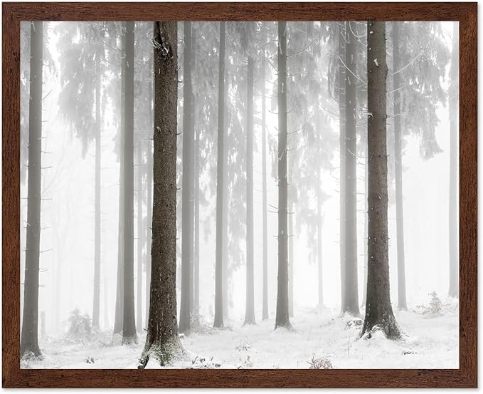 Monem Art Foggy Winter Forest Photography Print - Minimalist Snowy Landscape Poster - Wall Decor for Living Room, Bedroom or Office - 12x16 Brown Framed Wall Art by Mareike Bohmer