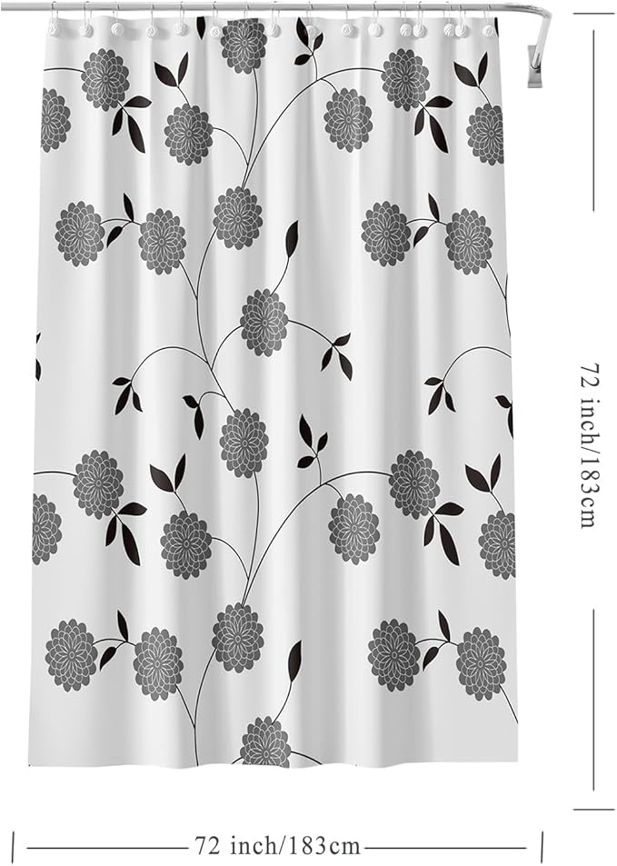 TIKABC Shower Curtain Liner, 4G PEVA Black and White Tree Flower Shower Liner, Plastic Waterproof Shower Curtains, 72x72 inch with Grommet Holes 3 Magnetic Weights