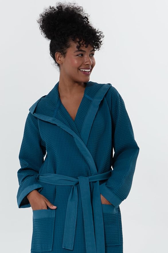 SEYANTE Women's Organic Cotton Waffle Kimono, Hooded Robe – GOTS Certified Lightweight Full-Length Spa Bathrobe with Piping
