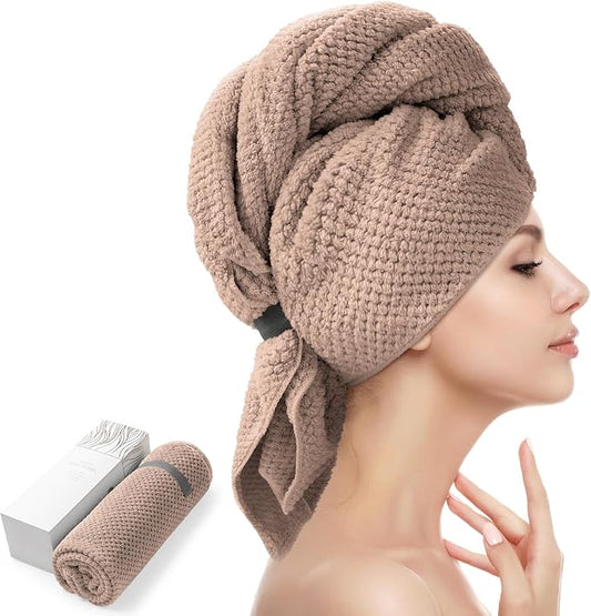 YFONG Large Hair Towel Wrap for Women, Super Absorbent Microfiber Hair Towel for Curly Hair, Fast Drying Hair Turbans with Elastic,Hair Drying Towel Wrap for Hair Care Anti Friz 26.3" X 40" (Brown)