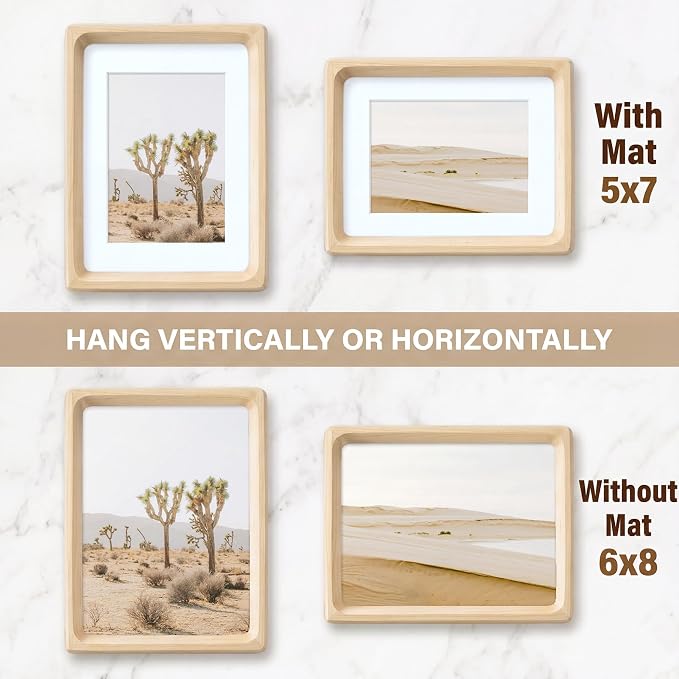 Fun Memories 6x8 Picture Frame, USA-Sourced Maple Wood Photo Frames with HD Tempered Glass, Handcrafted Rounded Corner 6 x 8 Wooden Frames Matted to 5x7 Photos, 6x8 Frame, Tabletop or Wall Display