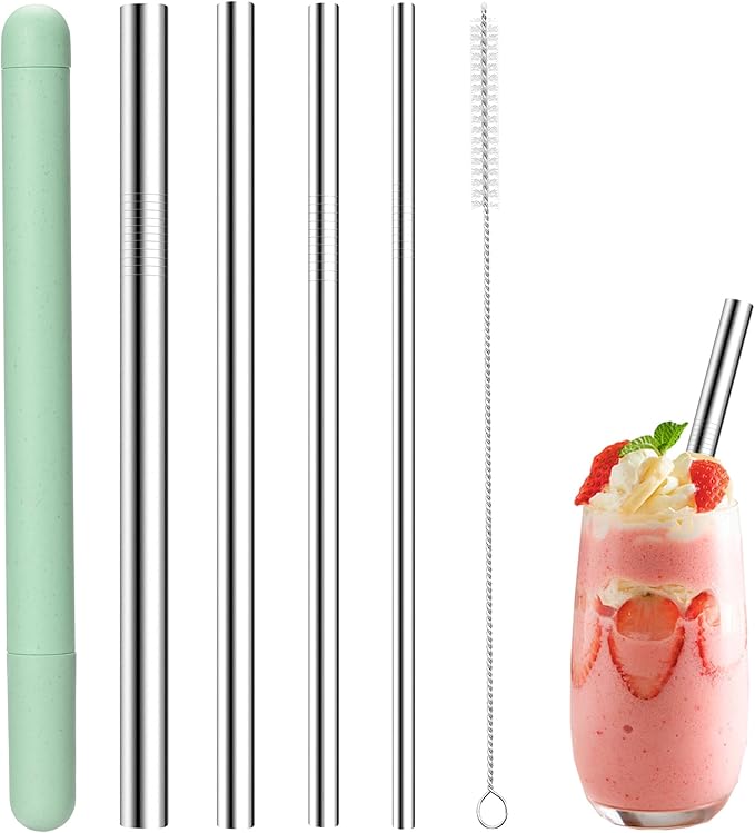 4-Pack Stainless Steel Straw Set - 215mm (8.5") Length, 6/8/10/12mm (0.24"/0.31"/0.39"/0.5") Diameters - Fits Coffee, Smoothies & All Cup Sizes - Reusable & Dishwasher Safe(Green)