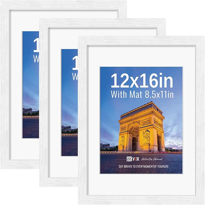 VCK 12x16 Picture Frames White 3 Pack, Wide Border Wood, Tempered Glass, Display 8.5x11 Photo with Mat or 12 x 16 without, for Home, Office, Gallery, Woodgrain Series, Wall Hanging