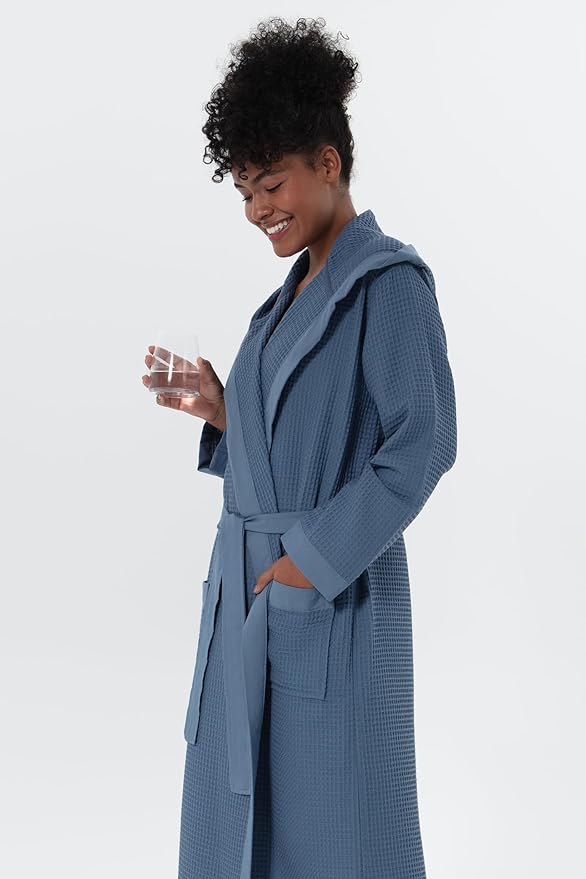 SEYANTE Women's Organic Cotton Waffle Kimono, Hooded Robe – GOTS Certified Lightweight Full-Length Spa Bathrobe with Piping