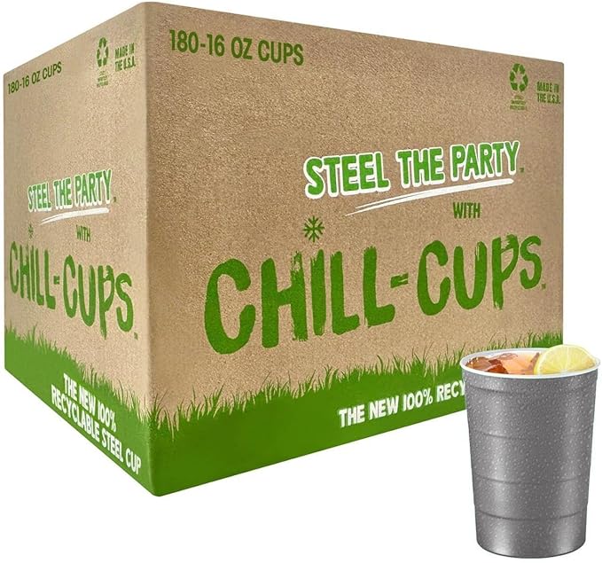 Steel Chill Cups 16 oz. Party Cups, Perfect for Cold Drinks, Sturdy & Durable, Disposable and 100% Recyclable, Made in USA, Gray, 180 Count