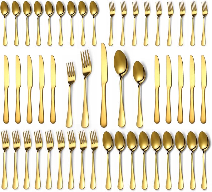 50 Pcs Gold Silverware Set for 10, Food Grade Stainless Steel Flatware Set, Eating Utensils Sets Include Fork/Knife/Spoon, Reusable Cutlery Set for Home Kitchen, Dishwasher Safe, Round Edge