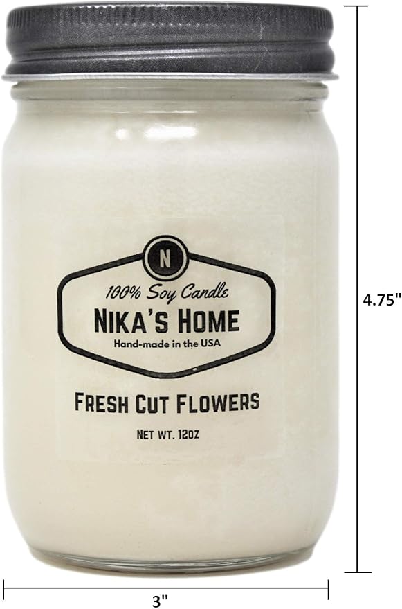 Nika's Home Fresh Cut Flowers Soy Candle - 12oz Mason Jar - Non-Toxic - Hand Poured in The USA, Long Burning 50-60 Hours Highly Scented All Natural, Clean Burning