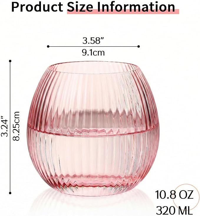 JOVGANK Pink Ribbed Drinking Glasses Set of 6-10.8 OZ Stemless Wine Champagne Whiskey Cocktail Glass, Reusable Wine Cups for Home Party Wedding Bar