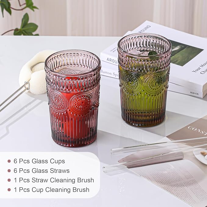 ZMOWIPDL Vintage Glassware Drinking Glasses Set of 6,13 oz Purple Textured Flower Design Glass Water Tumblers，Embossed Striped Drinkware for Water,Cocktails,Juice,Iced Coffee