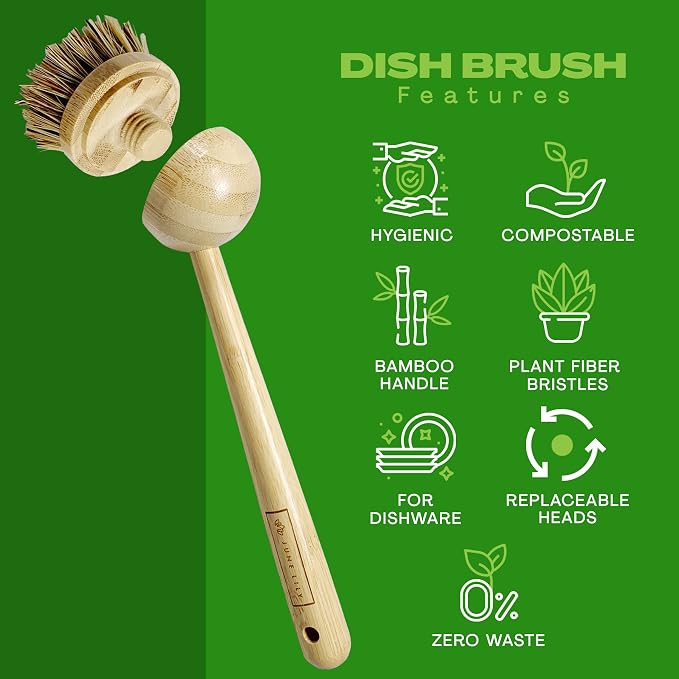 JuneLily Long Coconut Dish Brush Plant-Based Vegan for Kitchen Bathroom Cleaning Produce Washing Dishes (Long Dish Brush)