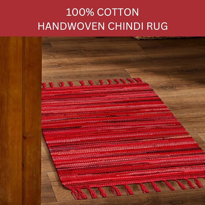 Cotton Chindi Rug - Boho Rustic Area Accent Throw Rug - Area Floor Carpet for Bedroom Living Room Kitchen Dorm Entryway Hallway - 20x32 inch Hand Woven Reversible Area Rug Red Multi
