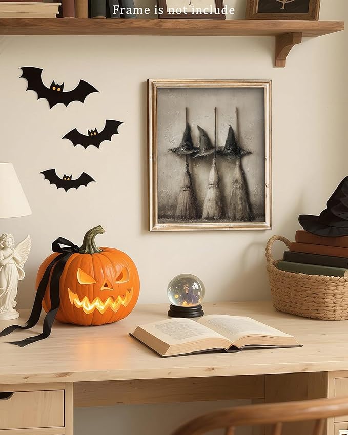 Vodefoad Vintage Witch Hats and Brooms Print, Spooky Gothic Halloween Decor, Halloween Home Decor Wall Art, Retro Moody Halloween Wall Art for Gallery, Living Room, Bathroom, Bedroom,Holiday Gift - 8x10Inch Unframe