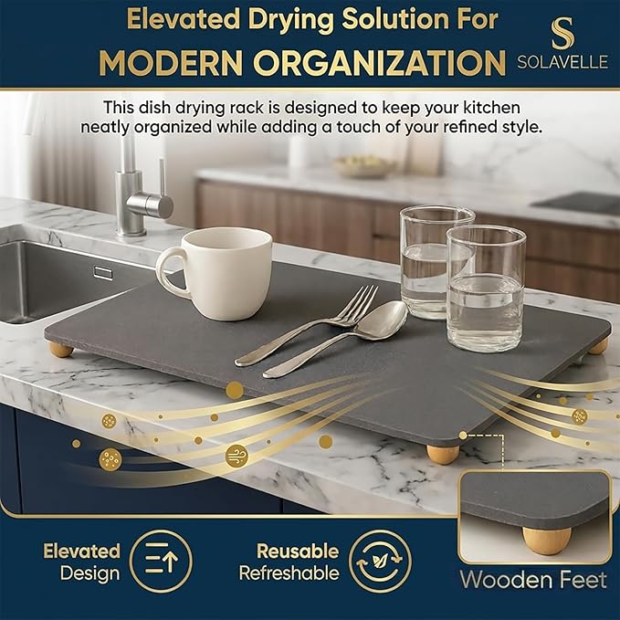 Stone Drying Mat for Kitchen Counter with 5 Wooden Feet &Bamboo Rack, 19.7"×15.7" Diatomaceous Earth Dish Drying Mat, Elevated Drying Stone Mat for Modern Kitchen Countertop
