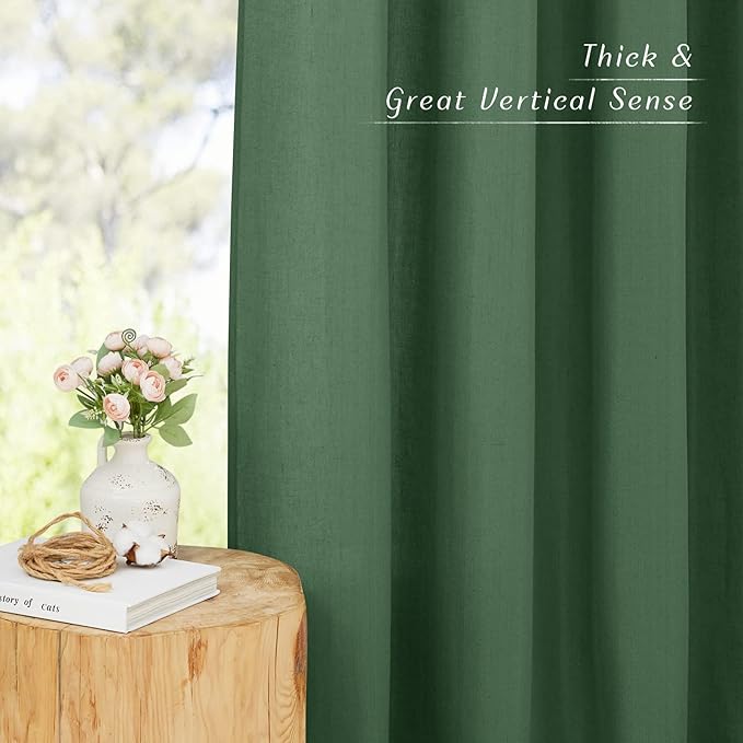 NICETOWN Olive Green Curtains 84 inch Length 2 Panels, Rod Pocket & Back Tab Linen Blend Privacy Added Thick Flax Light Filtering Semi Sheer Window Drapes for Bedroom/Living Room, W55 x L84