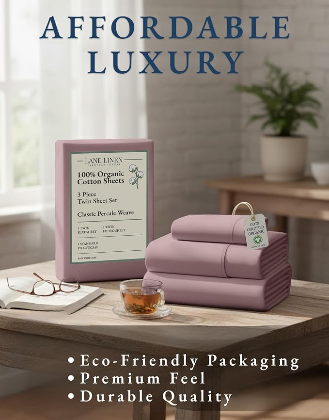 LANE LINEN Twin Sheet Set 100% Organic Cotton 3pc Percale Cooling - Lilac | Twin Sheet Set, GOTS Certified Organic Cotton Percale - Great For Gifting, Easy-Care Machine Washable, For Hot Sleepers