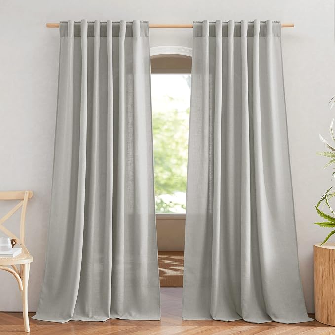 NICETOWN Linen Gray Sheer Curtains for Bedroom, Rod Pocket & Back Tab Flax Linen Burlap Semi Sheer Eclectic Window Treatments Privacy with Light Filtering for Boys Room, W52 x L90