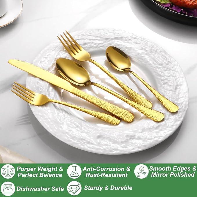 20 Pcs Gold Silverware Set for 4, Food Grade Stainless Steel Flatware Set, Eating Utensils Sets Include Fork/Knife/Spoon, Reusable Cutlery Set for Home Kitchen, Dishwasher Safe, Wave Hammered