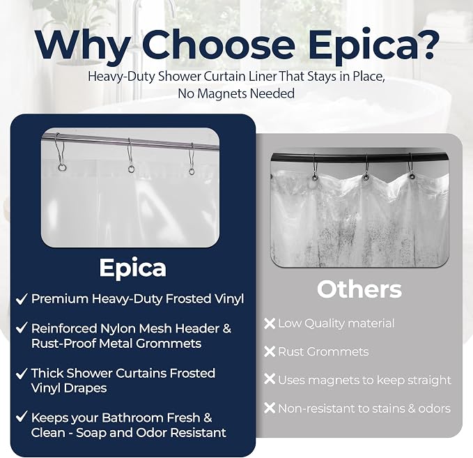 Epica Shower Curtain – Strongest Heavy-Duty Clear Vinyl 72x72 Shower Curtain Liner – Stain & Soap Scum Resistant with Rust-Proof Metal Grommets (Frosted)