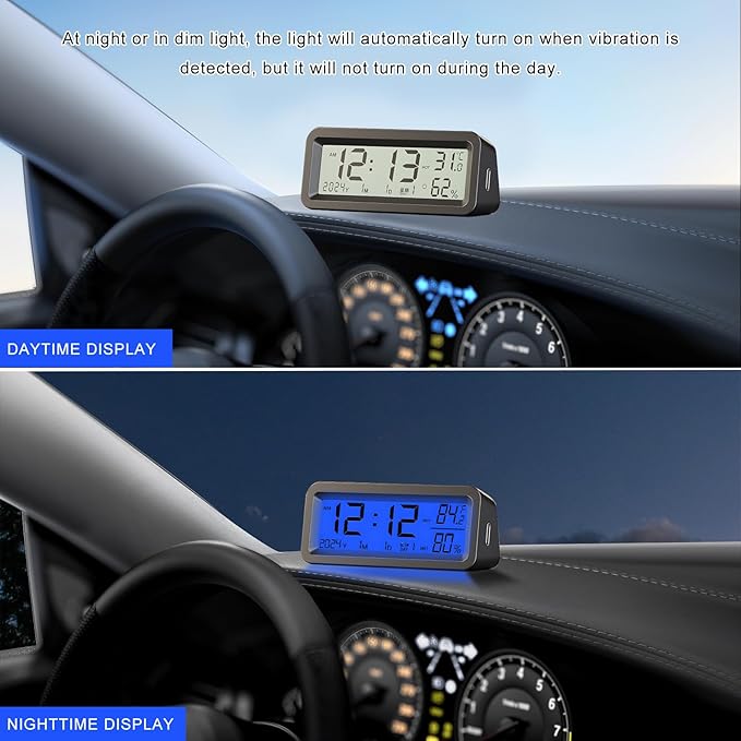 Car Digital Dashboard Clock, Solar Power Rechargeable Vehicle Electronic Clock with Night Backlight, Desk Watch with Day/Date/Temperature Display for Home Bedroom Office