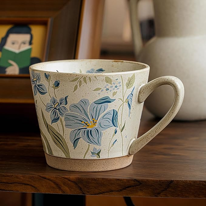 15oz Vintage Floral Ceramic Coffee Mug, Hand-Painted Lead-Free Tea Cup with Comfort Handle, Microwave & Dishwasher Safe for Home Office & Gift for Women (Light Blue Floral, 15, ounces)