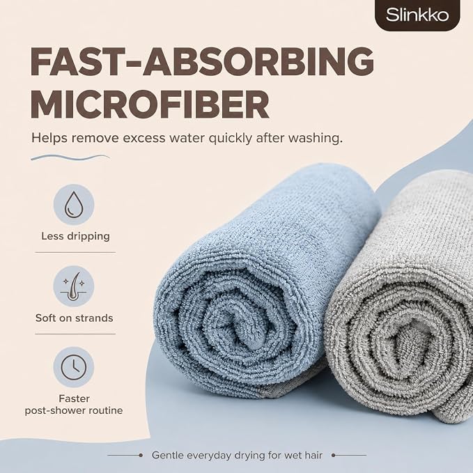 Microfiber Hair Towel Wrap for Women – Ultra Absorbent Quick Dry Turban | Button & Loop Design | Soft Lightweight Fabric | Reduces Frizz & Breakage | All Hair Types | Blue & Grey