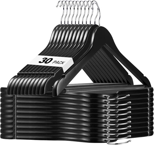 HOUSE DAY Black Wooden Hangers 30 Pack, Solid Wood Hanger with Non Slip Pant Bar, Heavy Duty Wooden Coat Hanger for Closet, Smooth Finish Wood Clothes Hangers for Shirts, Suits Jackets, Dress