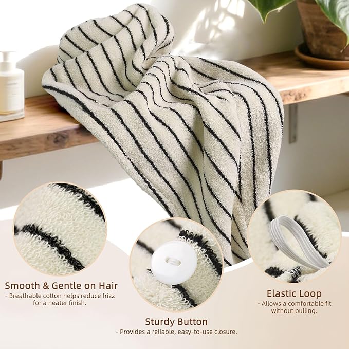 Jacquotha 2 Pack Cotton Hair Wrap Towels for Women (Black & White Striped) - Super Absorbent & Quick Dry Hair Turbans for Wet Curly Long Hair, 25” x 9.5”