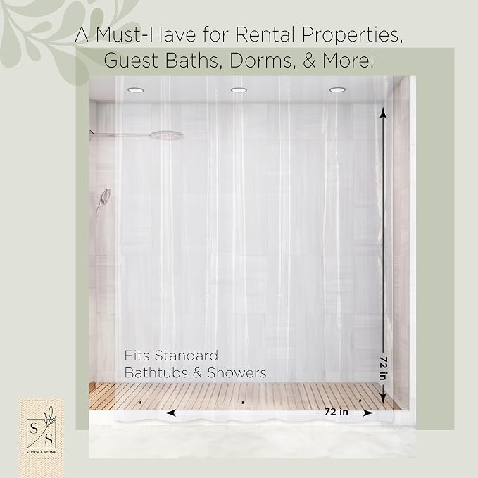 Stitch & Stone Shower Curtain Liner, Premium Medium Weight Durable Waterproof 6g PEVA for Bathroom with Weighted Magnets, Standard Size 72" x 72", Clear 2 Pack
