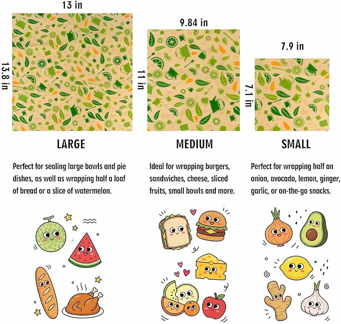 Beeswax Wraps for Food, Lemon 3 Pack (S, M, L) Reusable Food Wraps, Bread Sandwich Wrap, Zero Waste, Organic, Plastic-Free Food Storage Wrap