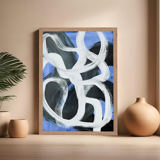 Monem Art Bold Blue Brushstroke Abstract Print - Modern Textured Line Art Poster - Wall Decor for Living Room, Bedroom or Office - 16x20 Beige Framed Wall Art by Mareike Bohmer