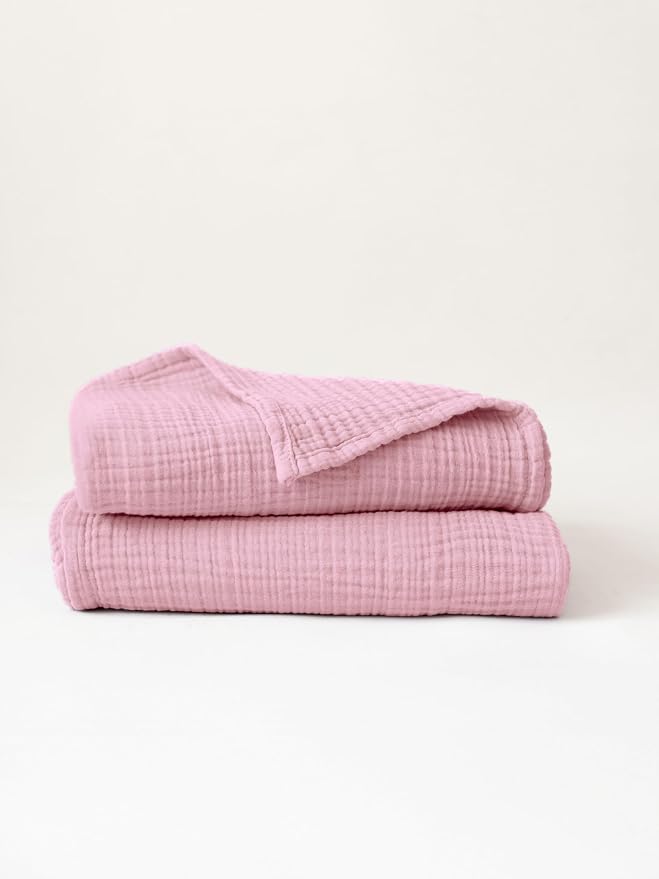 Muslin Bath Towels Pack of 2, Luxury 100% Turkish Cotton Thin Soft Quick-Dry Lint-Free Large Size Bath Hand Bathroom Towel Sets (Light Pink, Pack of 2 Bath Towels)