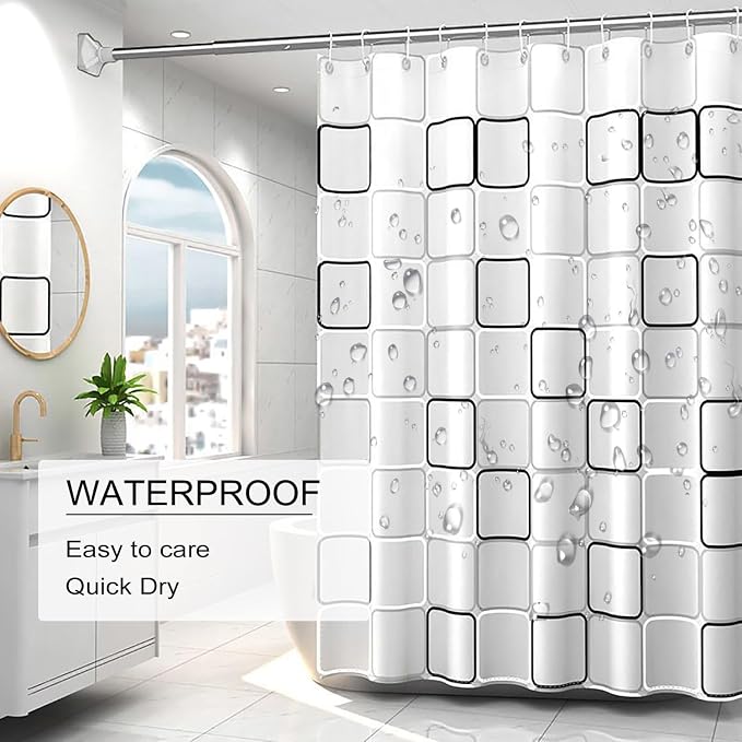 TIKABC Shower Curtain Liner, 4G PEVA Shower Liner, Plastic Waterproof Shower Curtains, with Grommet Holes and 3 Magnetic Weights(Black White Big Square)