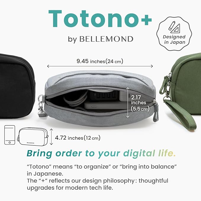 BELLEMOND Tech Organizer Pouch for Travel | Electronics Organizer Case for Cables, Chargers & Accessories | Hidden AirTag Pocket, Cable Pass-Through & Waterproof Base | Bamboo Green