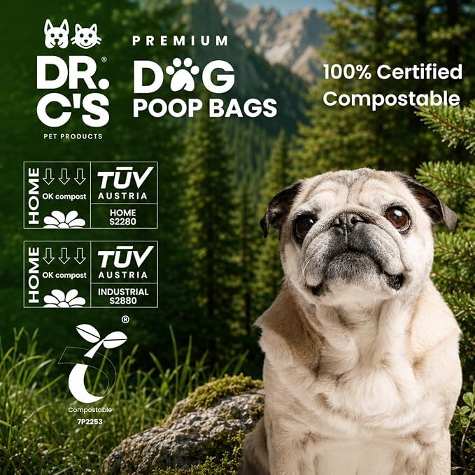 100% Certified Compostable Dog Poop Bags - Dr. C's Premium Dog Poop Bags - 120 Bags / 8 Rolls, Extra thick, Leak Proof, Unscented, Plant Based, Earth Friendly and USA Owned