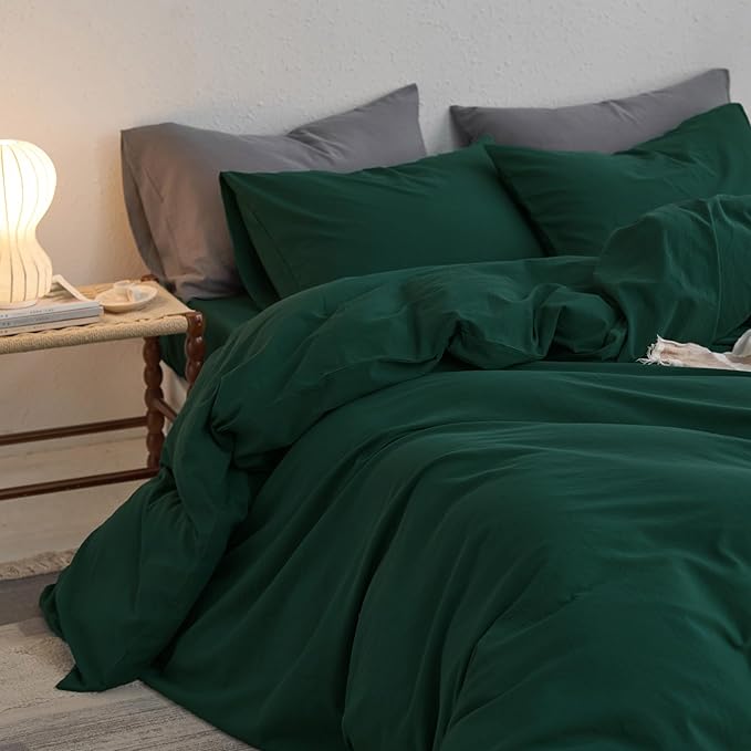 MooMee King Duvet Cover Set, 100% Washed Cotton Linen Like Twill Thick Sturdy Material Super Soft Breathable Durable Bedding for All Season, 3 Pieces (Forest Green, King 104"x90")
