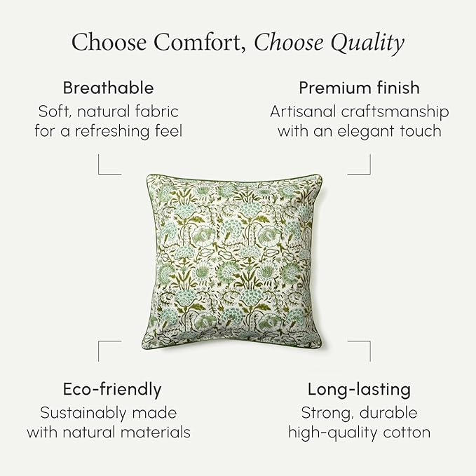 CPC 100% Cotton Throw Pillow Covers 16x16 Inch, Set of 2 Pink Block Print Pattern Couch Pillow, Cute Boho Decorative Pillows for Living Room, Bedroom with Hidden Zipper- Agate Green