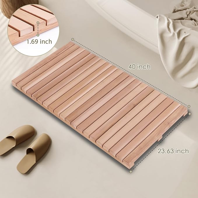 bingaai Cedar Wood Bath Mat 40"×23.6", Cedar Wooden Bath Mats, Wood Shower Stall Mat Non-Slip for Bathroom Bathtub Spa Sauna Garden Home, Wooden Floor Mat Large for Indoor and Outdoor