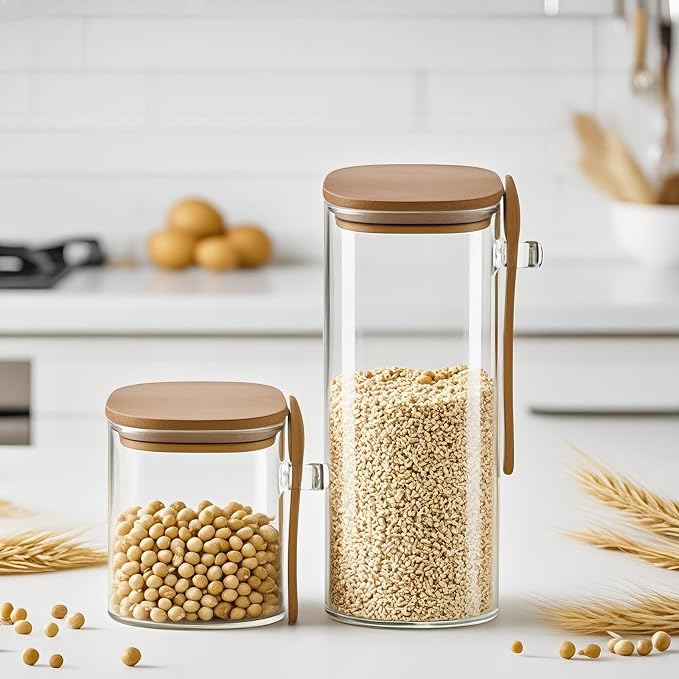 Glass Jar with Spoon and Lid - Overnight Oats Jars - Tea and Coffee Canisters with Bamboo Lids - Glass kitchen Food Storage Containers Set - Stackable Spice Jars