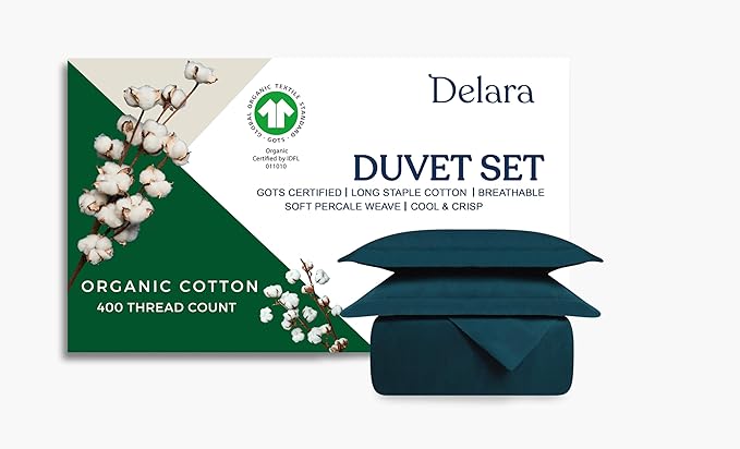 GOTS Certified 100% Organic Cotton Percale Duvet Cover Set 400TC, Smooth & Breathable, Duvet for Hot Sleepers with 8 Internal Ties, (Midnight Blue, Twin - 2 Piece with 1 Standard Sham)