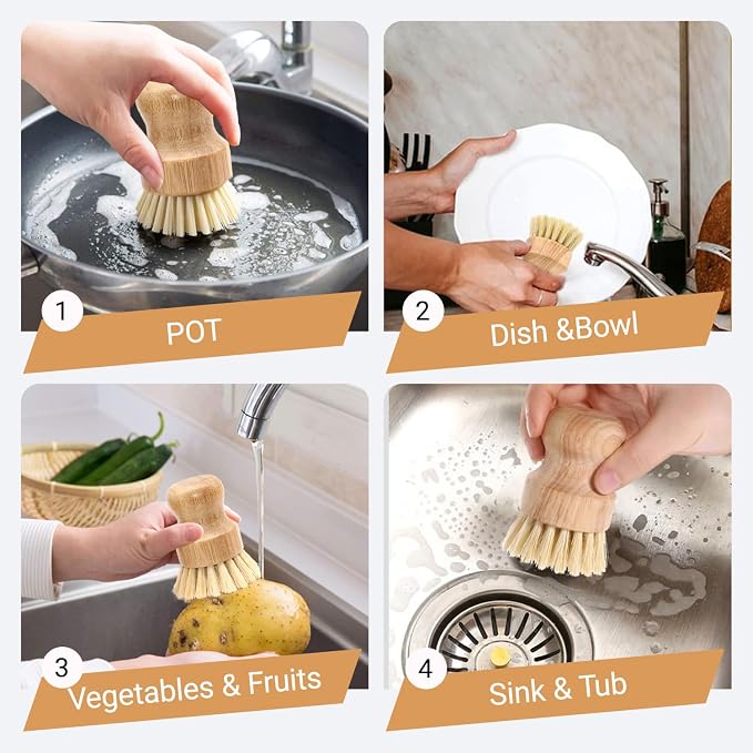 6 Packs Bamboo Dish Scrub Brushes Wooden Scrubbers Set Kitchen Dishwashing Scrubber with Natural Sisal Bristles for Cast Iron Pots, Pans, Kitchen Sink and Vegetable
