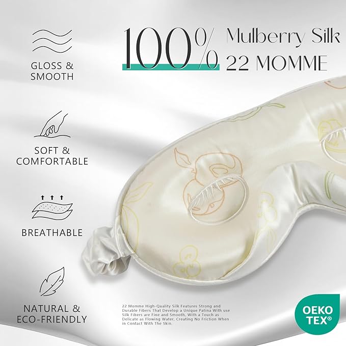 ZIMASILK Adjustable 22 Momme 100% Mulberry Silk Sleep Mask, Upgraded 3D Contoured Cup Eye Mask for Sleeping, Super Soft & Breathable Blindfold, Blackout for Deep Sleeping (Ivory - Fruit Line Art)
