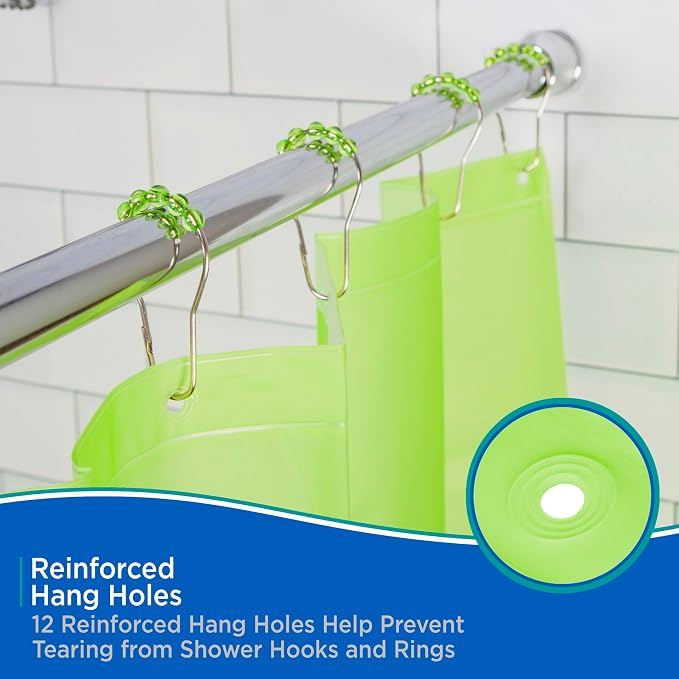 Kenney KN61703 Medium Weight 5 Gauge Waterproof PEVA Shower Curtain Liner with Durable Eyelet Hang Holes, Weighted Magnetic Hem, and 12 Piece Beaded Roller Ring Set for Bathroom, 70" W x 72" H, Green