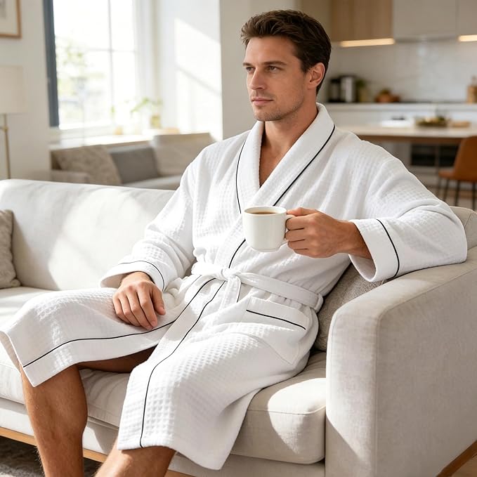 Inner Wish Men's Cotton Waffle Kimono Robe, Lightweight Soft Spa Shower Bathrobe, Hotel Lounge Robes for Men