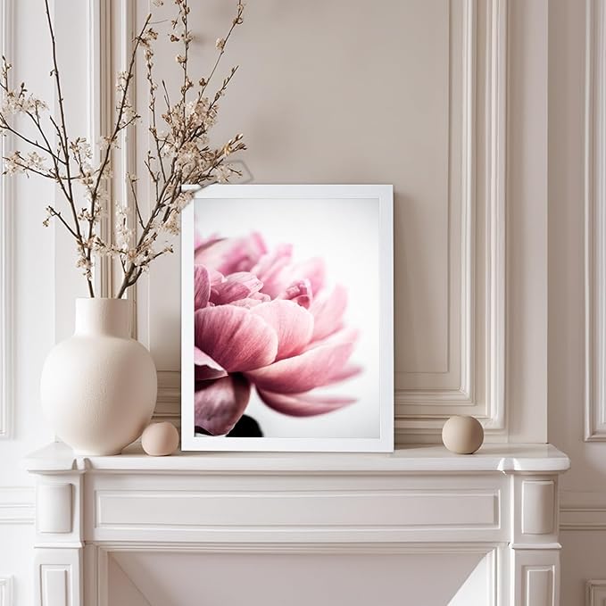 Monem Art Pink Peony Macro Photography Print - Minimalist Floral Art Poster - Wall Decor for Living Room, Bedroom or Office - 12x16 White Framed Wall Art by Mareike Bohmer