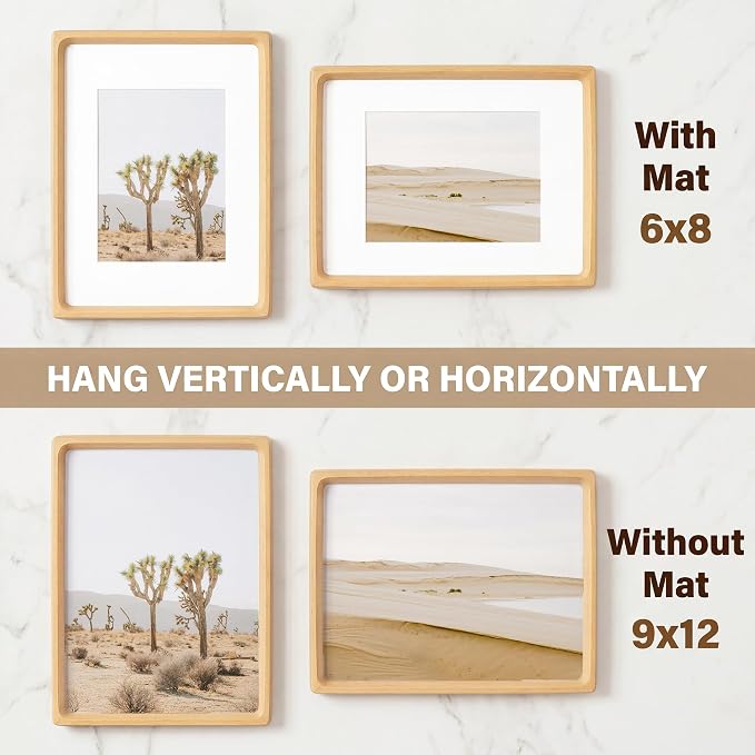 Fun Memories 9x12 Picture Frame, USA-Sourced Beech Wood Photo Frames with HD Tempered Glass, Handcrafted Rounded Corner 9 x 12 Wooden Frames Matted to 6x8 Photos, 9x12 Frame, Tabletop or Wall Display