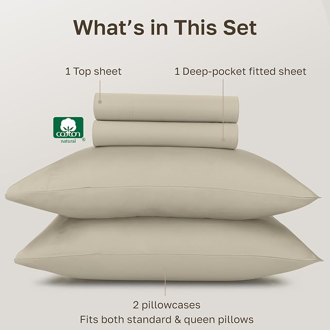 California Design Den Queen Bed Sheets Set - Certified Authentic Luxury 100% Egyptian Cotton Deep Pocket Bed Sheets Set, Soft Sateen, Breathable Sheets for Hot Sleepers, Beige Sheets Queen