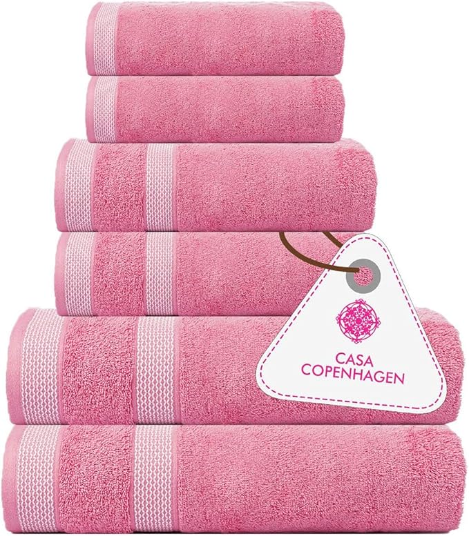 CASA COPENHAGEN Solitaire 6Pcs 100% Egyptian Cotton Large Designer Towels Gift Set- Rosy, 600GSM, 2Bath 2Hand 2Washcloths, Bath Towels for Bathroom Set for Women & Men