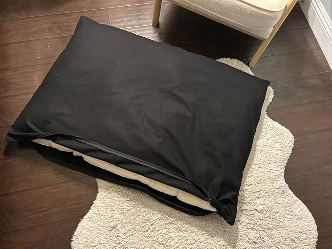 Natural Cotton Canvas Dog Bed – Raw Cotton Filled Pet Cushion Insert, Breathable Eco-Friendly Dog Mattress, Durable Washable Cover with Zipper (Black, X Large 53"x36"x5")
