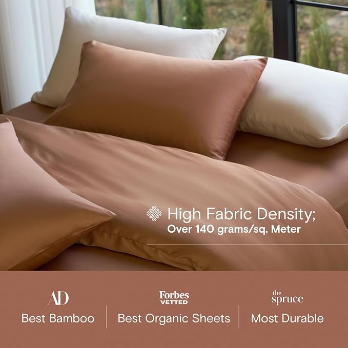 DOZ Sheet Set, 100% Viscose derived from Bamboo, Organically Grown, Buttery Soft, Cooling Sheets, High GSM, Deep Pockets - 4 Piece - 2 Pillowcases 1 Fitted Sheet 1 Top Sheet (Clay, Full)
